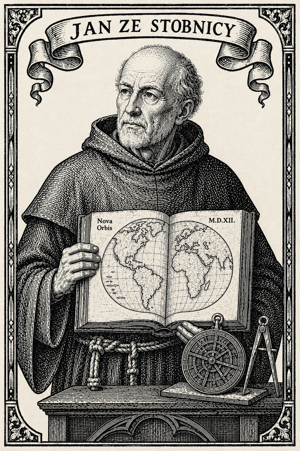 Jan ze Stobnicy, Polish scholar and geographer — a 16th-century-style woodcut engraving; an imagined likeness.